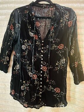 Staccato Black Floral Button-Down Blouse with Pink & White Blossoms